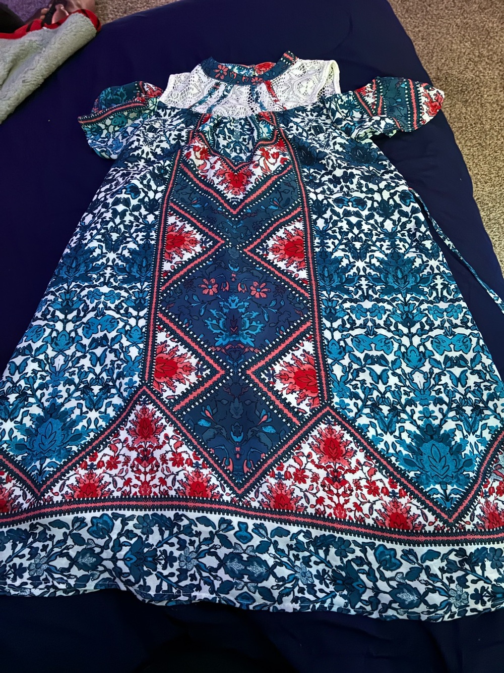 Girls' Teal & Red Patterned Casual Dress with Lace Yoke